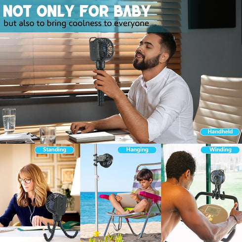 snawowo Mini Portable Stroller Fan, Battery Operated Personal Small Handheld Fan with Flexible Tripod, 3 Speed Rechargeable Clip On Fan for Car Se...