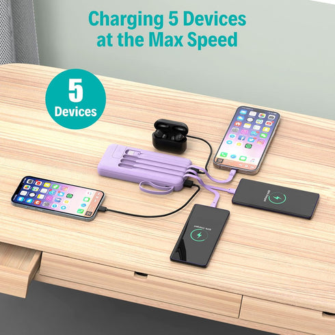 Portable Charger with Built in Cables,10000mAh Slim USB C Power Bank,5 Output 3 Input LED Display High Speed External Battery Pack Travel Phone Ch...