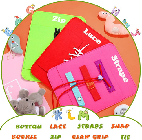 8 Pieces Early Learning Toys Toddlers Learn to Dress Practice Boards Basic Life Skills Busy Board Includes Zip, Snap, Button, Buckle, Lace and Tie...