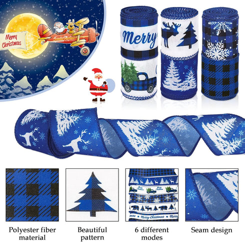 Christmas Wired Edge Ribbon 2.5 Inch 36 Yards Blue Black Buffalo Plaids Fabric Ribbon Xmas Tree Truck Reindeer Craft Ribbon for Holiday Wrapping D...