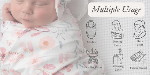 Newborn Floral Print Blanket Baby Stretch Wrap Swaddle Blanket Receiving Blanket with Matching Headband and Beanie (Small Flower and Leaf)...