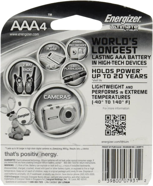 ENERGIZER L92 ULTIMATE LITHIUM 4 AAA ON CARD...