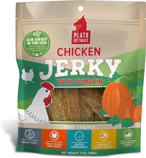 PLATO Pet Treats Air Dried, Real Meat, Chicken Jerky with Pumpkin Dog Treats, Made in The USA, Grain Free, 7oz...