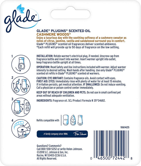 Glade PlugIns Refills Air Freshener, Scented Oil for Home and Bathroom, Cashmere Woods, 1.34 Oz, Pack of 3...
