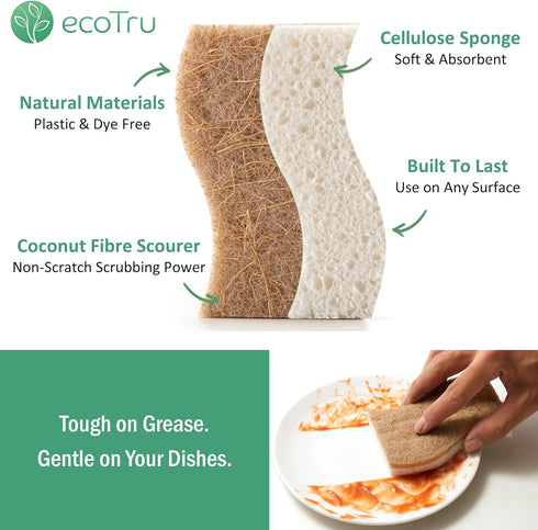 6 Pack Natural Kitchen Sponges, Compostable White Cellulose & Organic Coconut Scrubber Sponge for Washing Dishes, Kind Eco Friendly Non-Scratch & ...