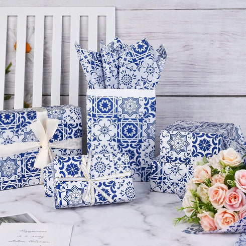 50 Sheets Moroccan Mosaic Tissue Paper,19.7 x 28 Inch Gift Wrapping Tissue Paper Blue Tiles Partern Art Tissue for Wedding Invitation Bridal Showe...
