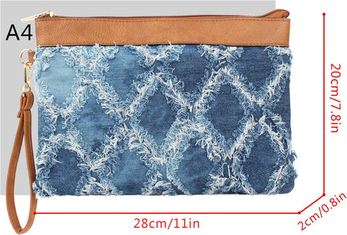 ZLM BAG US Women Distressed Denim Evening Purse Pu Leather Clutch Handbag Rhombus Pattern Wristlet Bag...