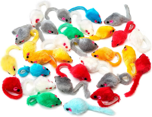 CHIWAVA 60PCS 4.1'' Furry Cat Toy Mice Rattle Small Mouse Kitten Interactive Play Assorted Color...
