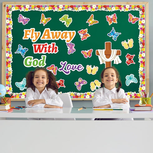 Jesus Bulletin Board Decorations Christian Religious Bulletin Board Set Fly Away with God Love Cross Cutouts Decor for Sunday School Classroom Tea...