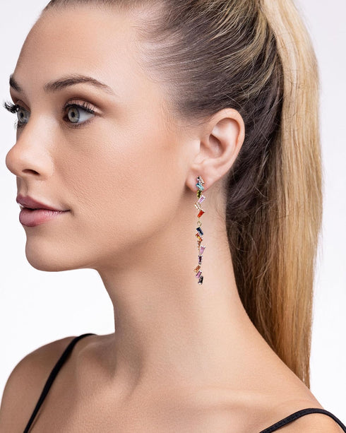 Dainty Long Colorful Gemstone Linear Drop Earrings, Multi Color Rhinestone Stud Statement Earrings, Trendy Chic Boho CZ Gold Plated Jewelry Gift f...