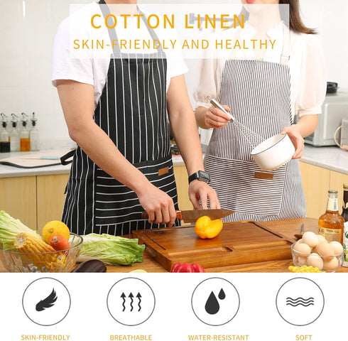 Tosewever 2 Pieces Kitchen Cooking Aprons, Cotton Polyester Blend Adjustable Bib Aprons with 2 Pockets for Women Men Chef Chef (Black/Brown Stripe...