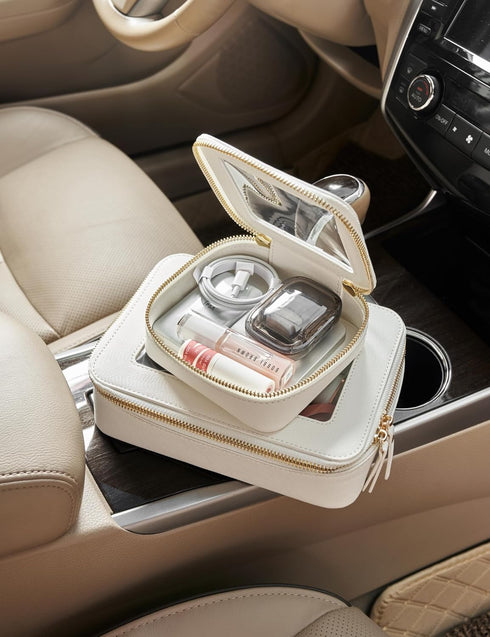 Small Cosmetic Bag for Purse Mini Makeup Bag for School Cute Clear Make Up Pouch for Travel Tiny Leather White Make Up Organizer Case for Backpack...