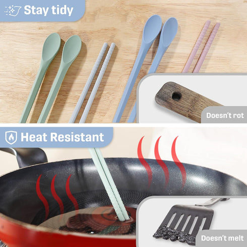 Reusable Long Silicone Cooking Chopsticks with Spoon 12 Inches Dishwasher Safe BPA-free Non-Slip Pastel Color Kitchen utensils Made in Korea (Past...
