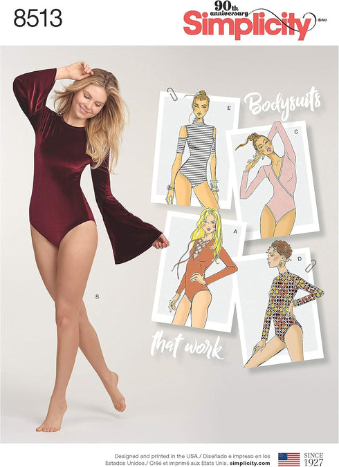 Simplicity US8513A Misses' Long Sleeve Bodysuit Sewing Pattern Kit, Code 8513, Sizes XS-XL...