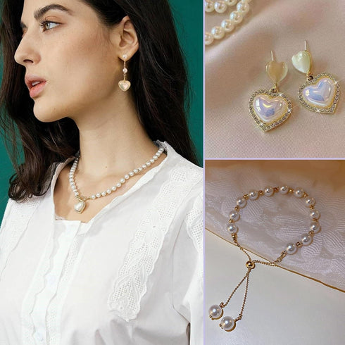 Pearl Heart Necklace and Earring set - 4PCS Pearl Jewelry Set for Women Gold Plated Pearl Choker Necklace Pearl Bracelet Pearl Earrings Set Trendy...