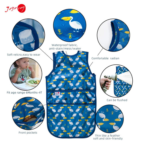 Joyo roy Mess Proof Baby Bibs for Eating Waterproof Toddler Bibs for Boys 2-4 Years Soft Machine Washable Sleeveless Baby Smock Bib Travel Reusabl...
