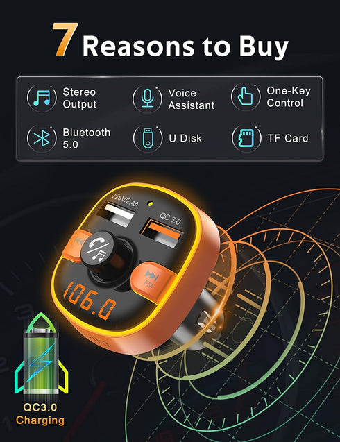 Upgraded Arsvita Bluetooth FM Transmitter for Car, Radio Receiver/Audio Adapter with Dual Car Charger, Support QC3.0 Quick Charging, Hands-Free Ca...