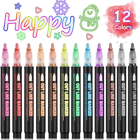 Double Line Outline Markers 12 Colors Super Squiggles Glitter Markers Self Outline Metallic Markers, Doodle Shimmer Markers Drawing Pens for Chris...