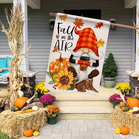Fall is in the Air Gnome Pumpkin Coffee Decorative Garden Flag, Autumn Maple Leaves Yard Outside Decorations, Buffalo Plaid Cheetah Polka Dots Far...