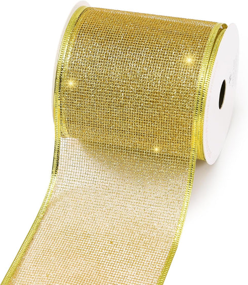 1 Roll 4 Inch Wide 10 Yd Gold Glitter Wired Ribbon, Metallic Gold Mesh Wired Edge Ribbon for Christmas Tree Décor, Gift Wrapping Box, Bows, Wreath...