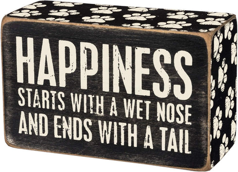 Primitives by Kathy 31145 Paw Print-Trimmed Box Sign, 4 x 2.5-Inches, Happiness Starts with A Wet Nose...
