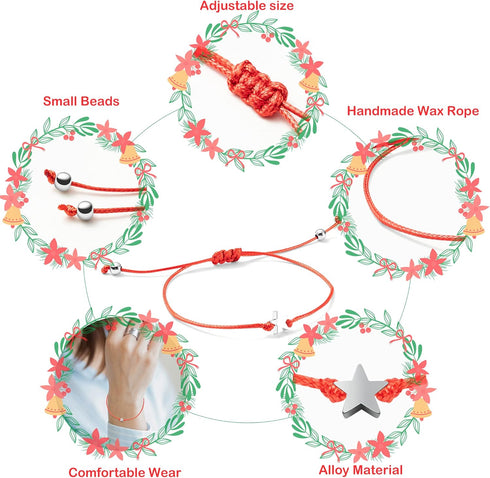 2Pcs Christmas Bracelets Gift for Friendship Couple Christian Sterling Silver Star Jewelry Accessories Set Green and Red Handmade Adjustable X'mas...