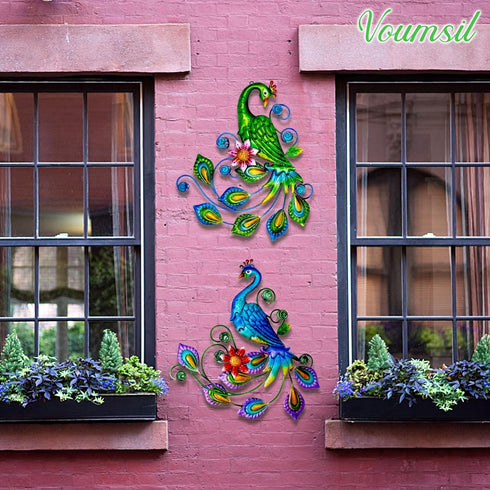 Voumsil Metal Peacock Wall Art Outdoor Wall Decor Tropical Wall Sculpture for Patio Balcony Garden Fence Art Living Room Bedroom Indoor Outdoor 2P...