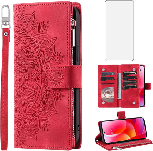 Phone Case for Motorola Moto G Power 2022/MotoG Play 2023/G Pure 2021 Wallet Cover with Screen Protector Mandala Flower Flip Zipper Card Holder St...