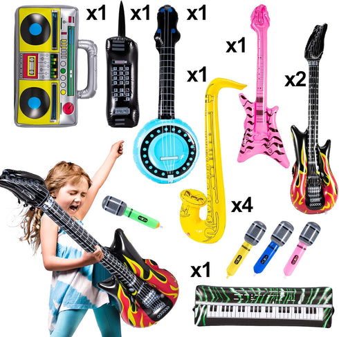 12 Pcs Inflatable Instruments,Inflatable Rock Star Toy Set,Inflatable Guitar,Blow up Guitar Inflatable Saxophone Inflatable Microphones Bass Lute ...