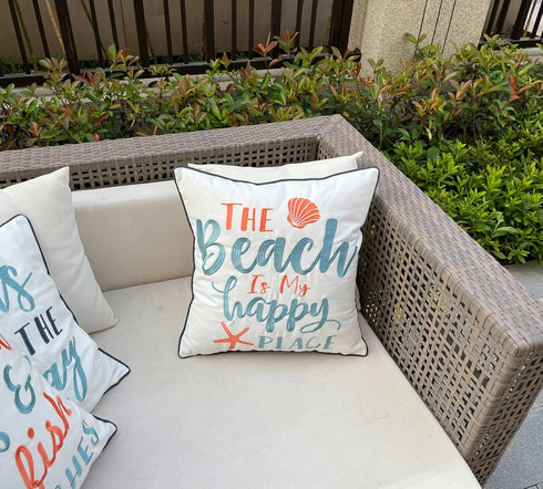 Embroidered The Beach is My Happy Place Throw Pillow Cover,Square 18 inches Decorative Canvas Pillow Cover with The Beach is My Happy Place Patter...