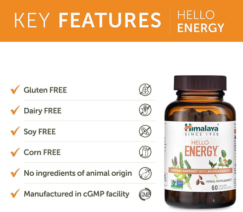 Himalaya Hello Energy Herbal Supplement with Ashwagandha, Amla, Haritaki, Daily Energy Support, Positivity, Metabolism, Caffeine Free, Gluten Free...