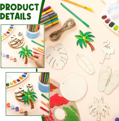 Simgoing 36 Pcs Unfinished Wood Summer Cutouts Hawaiian Wood DIY Paint Crafts Tropical Beach Ball Palm Tree Flip Flop Shaped Hanging Ornaments wit...