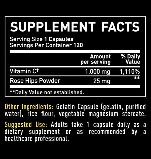 Vitamin C 1000mg with Rosehips (120 Capsules | 1000mg) Pure Vitamin C Capsules - Ascorbic Acid + Rose Hips for Powerful Immune System Support - Hi...