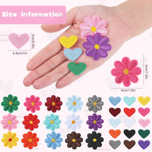 Xinnun 120 Pcs Iron on Patches, Cute Daisy Flower Heart Patch Small Embroidery Applique Patches Colorful Sew for Clothes Jeans Jackets Bags DIY(Fl...