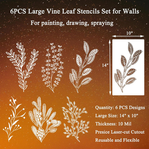 Large Vine Leaf Stencils Set (6 Designs) for Painting on Walls, Reusable Ivy Leaf Branch Templates for Garden Fence Furniture Canvas Home Decor DI...