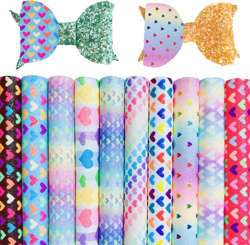 Shalun Heart Faux Leather Glitter PU Canvas Sheets 8x12inch Shiny Colorful Rainbow Printed Quilt Sewing Fabric Charm Pack for Applique Patches Cra...