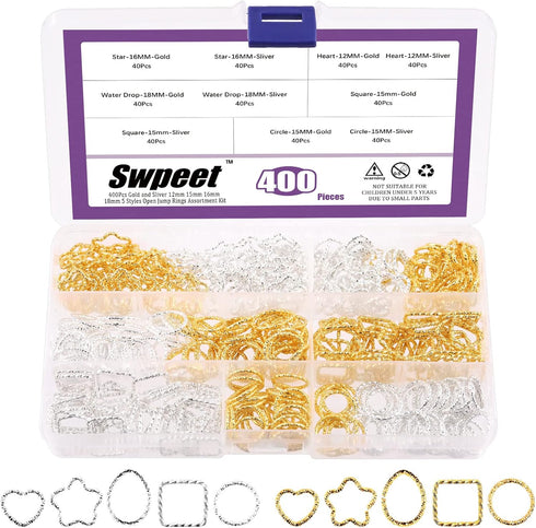 Swpeet 400Pcs Gold and Sliver 12mm 15mm 16mm 18mm 5 Styles Open Jump Rings Assortment Kit, Plum Bossom/Water Droplets/Heart/SquareIron O Rings Con...
