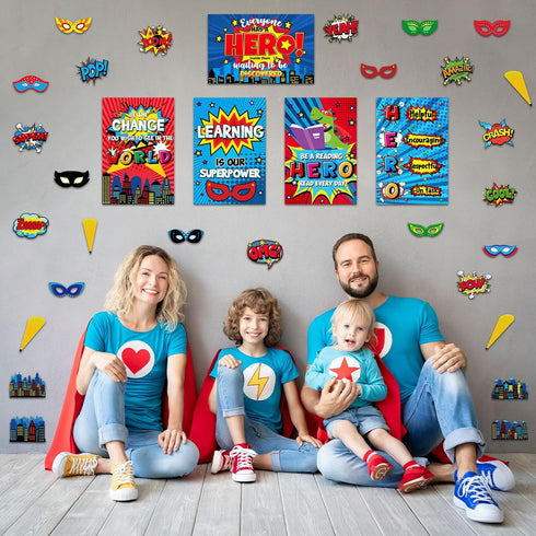 Outus 33 Pcs Hero Theme Classroom Decorations Bulletin Board Set Hero Posters and Banners Hero Sayings Cityscape Cutouts for Classroom Pre School ...