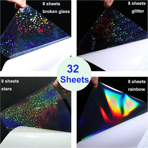 32 Sheets Holographic Sticker Paper Clear Vinyl Self Adhesive Waterproof Rainbow Transparent Overlay Film A4 Size Holographic Overlay with 4 Style...