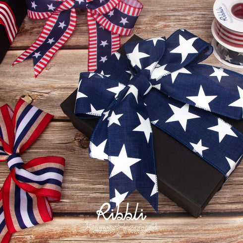 Ribbli Patriotic Wired Ribbon, Royal Blue with White Stars Ribbon, 2-1/2 Inch x 10 Yard 4th of July Ribbon for Wreaths,Crafts,Big Bows,Gift Wrappi...