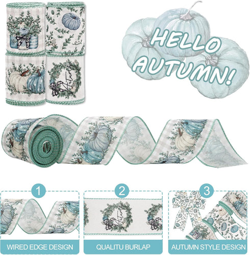 Fall Wired Edge Ribbon 24 Yards Blue Pumpkin Eucalyptus Leaves Craft Fabric Ribbon Autumn Plaids Decorative Ribbon for Thanksgiving Harvest Wreath...