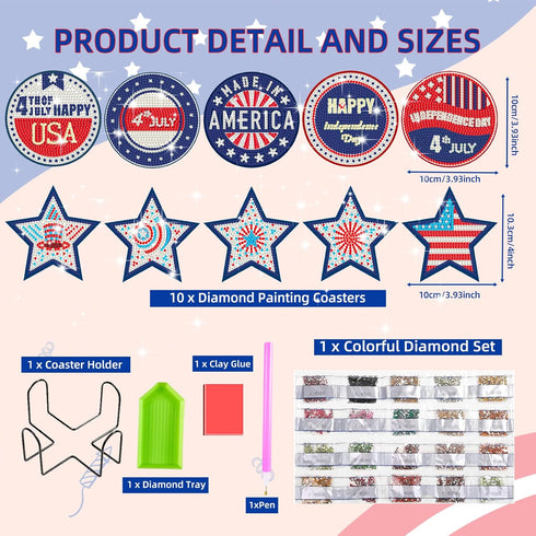 JHGCVX 10 Pcs 4th of July Diamond Painting Coasters Kit,Diamond Art Coasters with Holder,Independence Day Diamond Painting Coasters for Adults Beg...