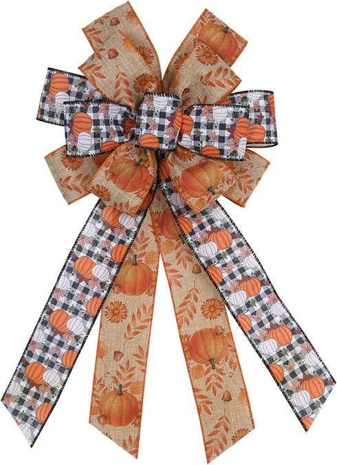Large Fall Pumpkin Bow for Wreath, White Black Buffalo Plaid for Fall Thanksgiving Party Indoor Outdoor Door Wall Decoration Supplies...