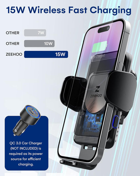 ZeeHoo Wireless Car Charger,15W Fast Charging Auto-Clamping Car Mount,Windshield Dash Air Vent Phone Holder for iPhone 15 14 13 12 Mini 11 Pro Max...