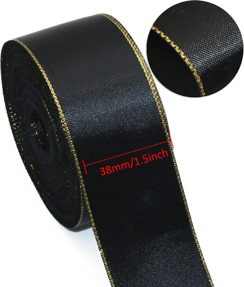 David accessories Black Satin Ribbon with Gold Edges 1.5 Inch wide 20 Yards, Gold Border Fabric Ribbons for Gift Wrapping DIY Crafts Christmas Dec...
