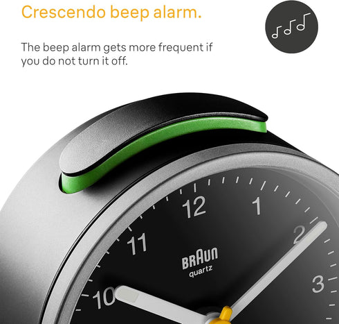 Braun Classic Analogue Alarm Clock with Snooze and Light, Quiet Quartz Movement, Crescendo Beep Alarm in Black and Silver, Model BC12SB....