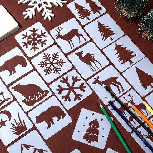 100 Pieces Winter Forest Stencil Template for Painting Reusable Drawing Stencils Animal Plant Stencil, Stencils for Painting on Wood Craft Supplie...