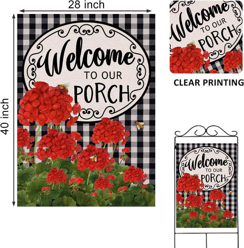 Home Decorative Welcome to Our Porch Geranium Spring Summer House Flag, Flower Black White Buffalo Plaid Check Garden Yard Outside Decoration, Fal...