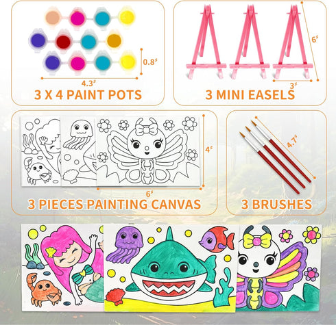 VKPI Pre-Drawn Canvas Painting Set with Mini Easel for Kids, Watercolor Art Supplies Kit with 3 Printed Canvases, 3 Plastic Easels, Paint Pots and...