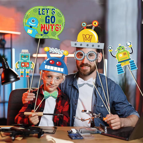 25Pcs Robot Photo Booth Props with Stick, Birthday Theme Selfie Props, Robotics Party Supplies, Kids Photography Backdrop Decorations...